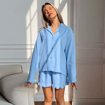 Ownkoti Solid Cotton Ruffle Trim Women's Pajamas - Blue - L - image 9