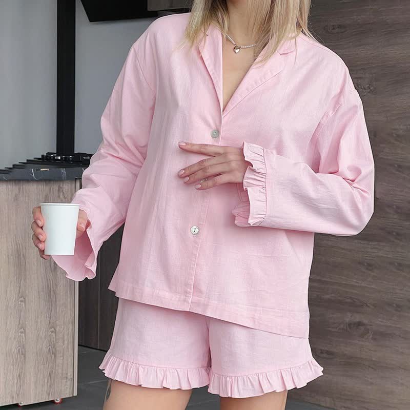 Ownkoti Solid Cotton Ruffle Trim Women's Pajamas - Pink - L - image 0