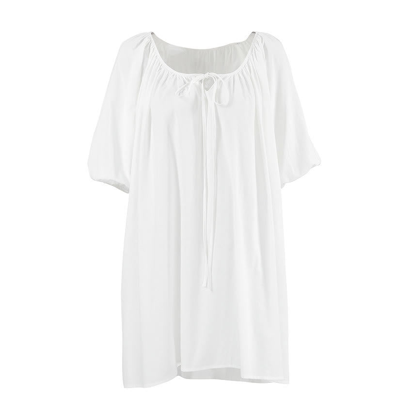 Ownkoti White Cotton Tie Neck Loungewear Dress - image 3