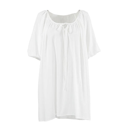 Ownkoti White Cotton Tie Neck Loungewear Dress - image 3