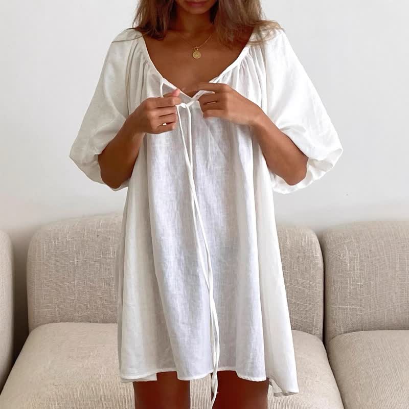 Ownkoti White Cotton Tie Neck Loungewear Dress - White - L - image 0