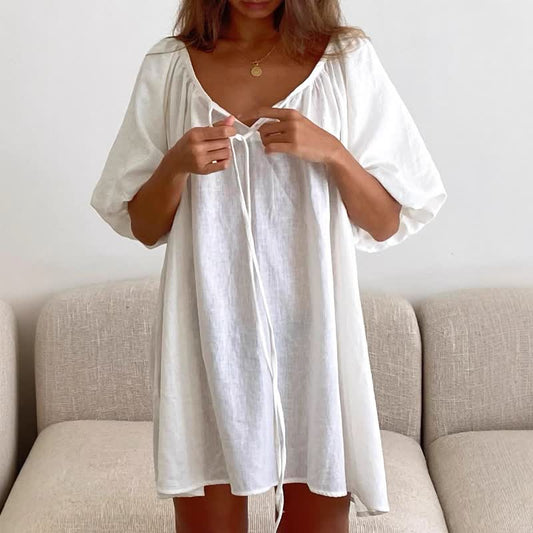 Ownkoti White Cotton Tie Neck Loungewear Dress - White - L - image 0