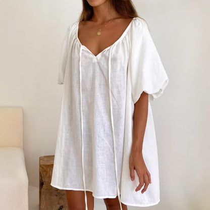 Ownkoti White Cotton Tie Neck Loungewear Dress - image 1