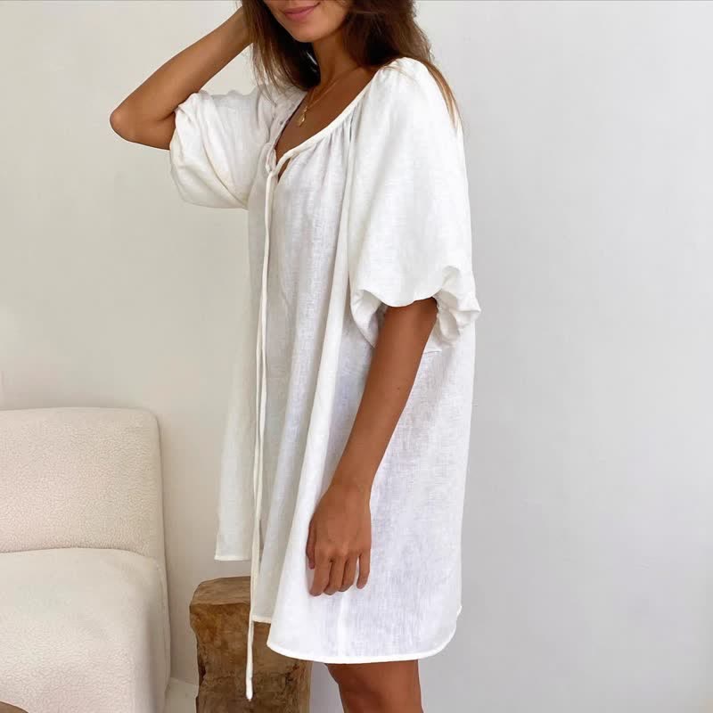 Ownkoti White Cotton Tie Neck Loungewear Dress - image 2