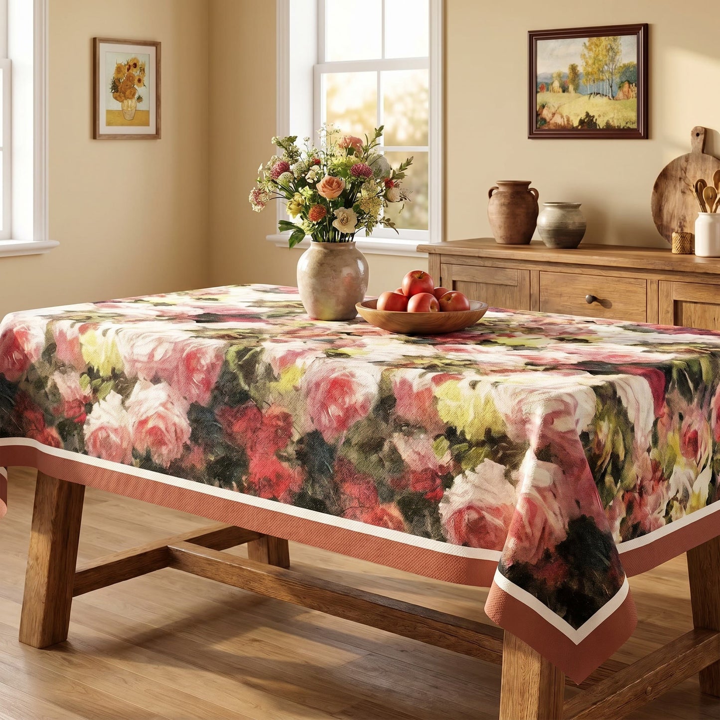 Ownkoti Vintage Oil-Painting Rose Floral Tablecloth - image 1