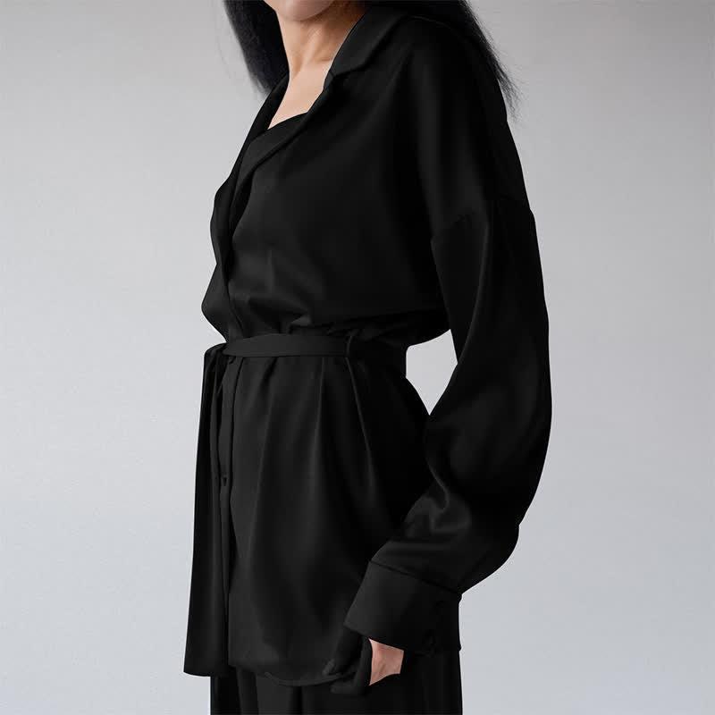 Ownkoti Solid Color Belted Women's Loungewear Set - Black - XL - image 14