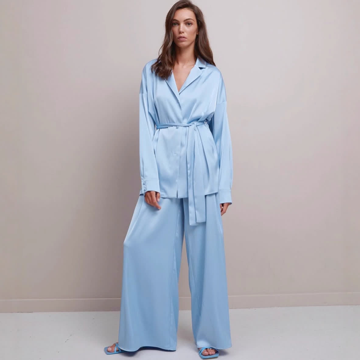 Ownkoti Solid Color Belted Women's Loungewear Set - Blue - XL - image 0