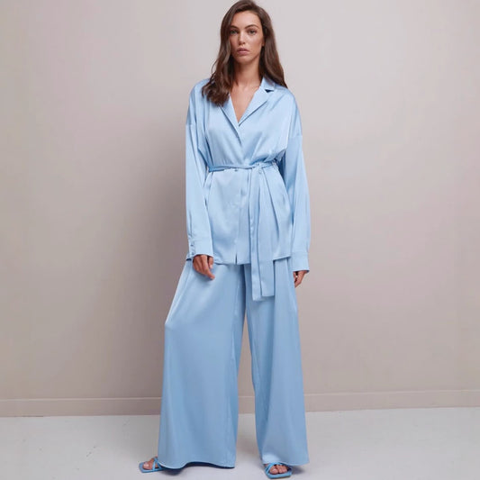 Ownkoti Solid Color Belted Women's Loungewear Set - Blue - XL - image 0