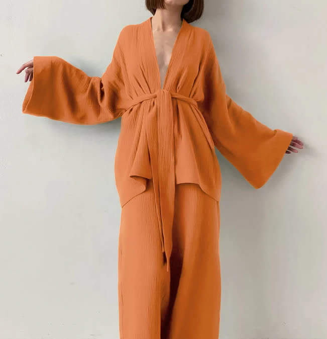 Ownkoti Solid Color Cotton Gauze Kimono Pajamas - Orange - XL - image 7