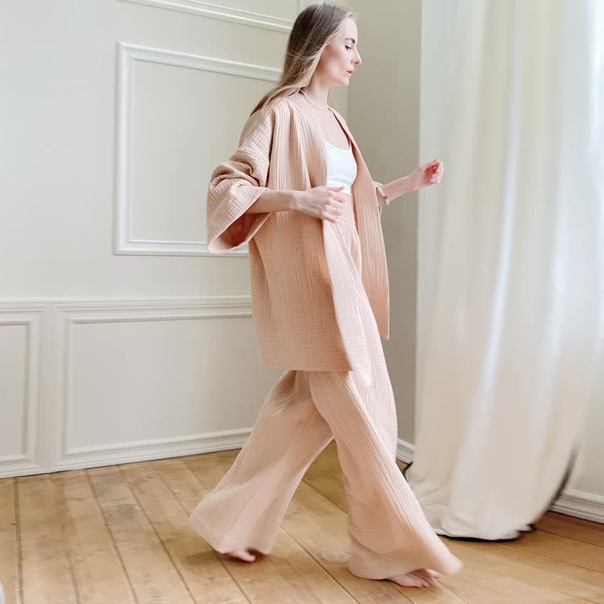 Ownkoti Solid Color Cotton Gauze Kimono Pajamas - Champagne - XL - image 8
