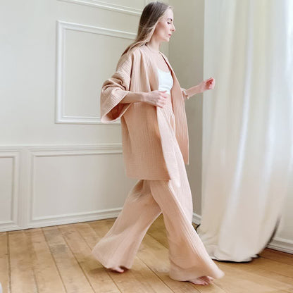 Ownkoti Solid Color Cotton Gauze Kimono Pajamas - Champagne - XL - image 8
