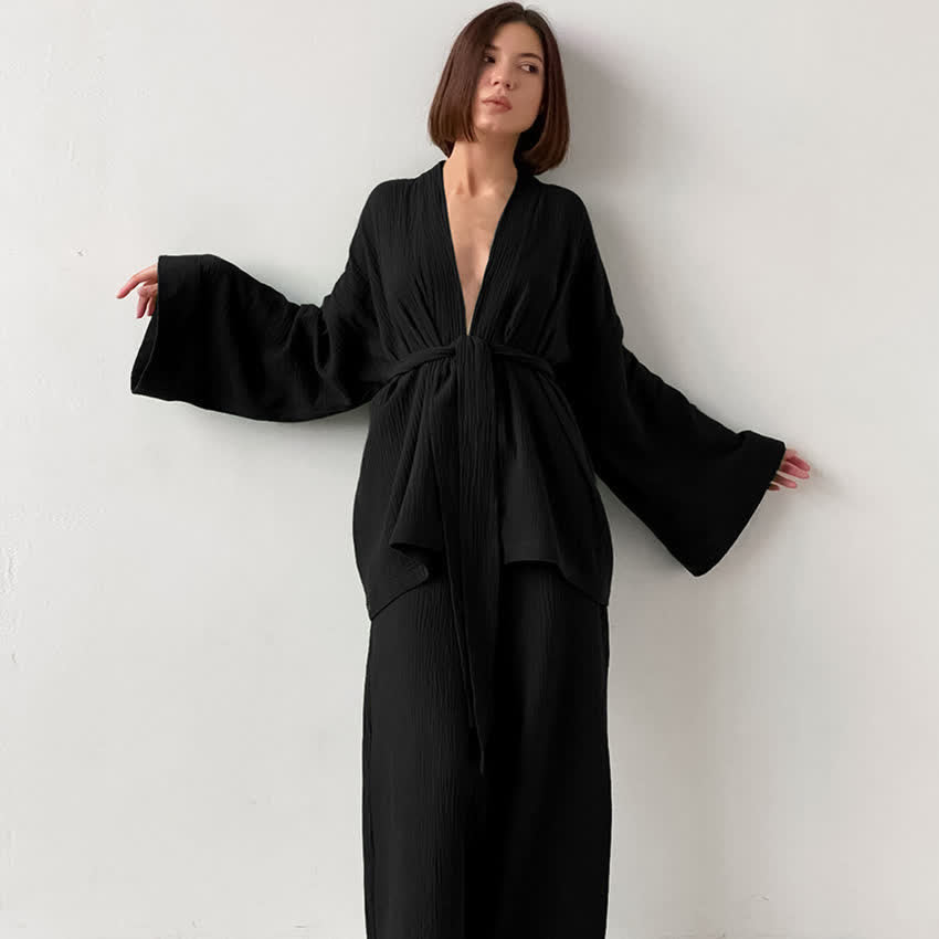 Ownkoti Solid Color Cotton Gauze Kimono Pajamas - Black - XL - image 5
