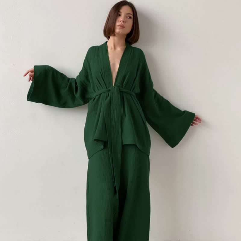 Ownkoti Solid Color Cotton Gauze Kimono Pajamas - Olive Green - XL - image 9