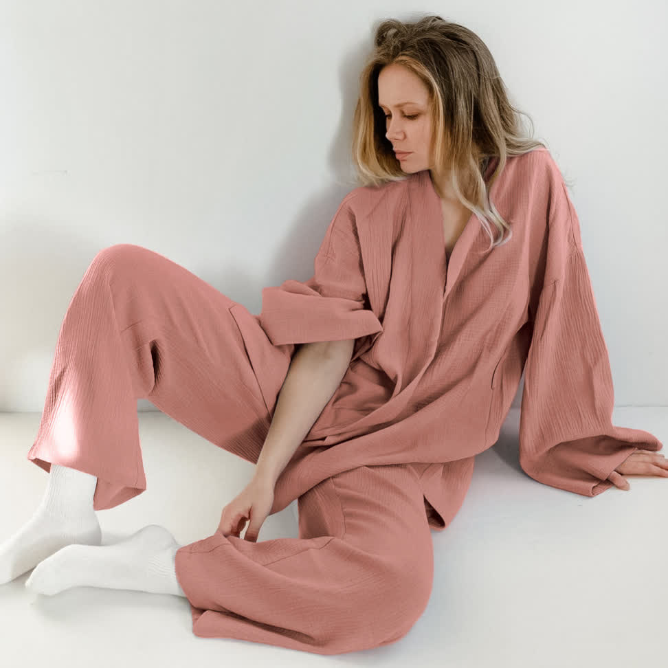 Ownkoti Solid Color Cotton Gauze Kimono Pajamas - Pink - XL - image 2