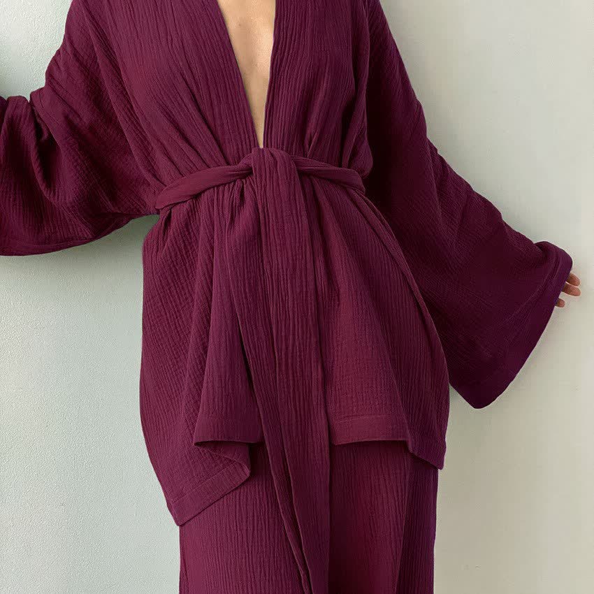 Ownkoti Solid Color Cotton Gauze Kimono Pajamas - Wine - XL - image 1