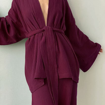 Ownkoti Solid Color Cotton Gauze Kimono Pajamas - Wine - XL - image 1