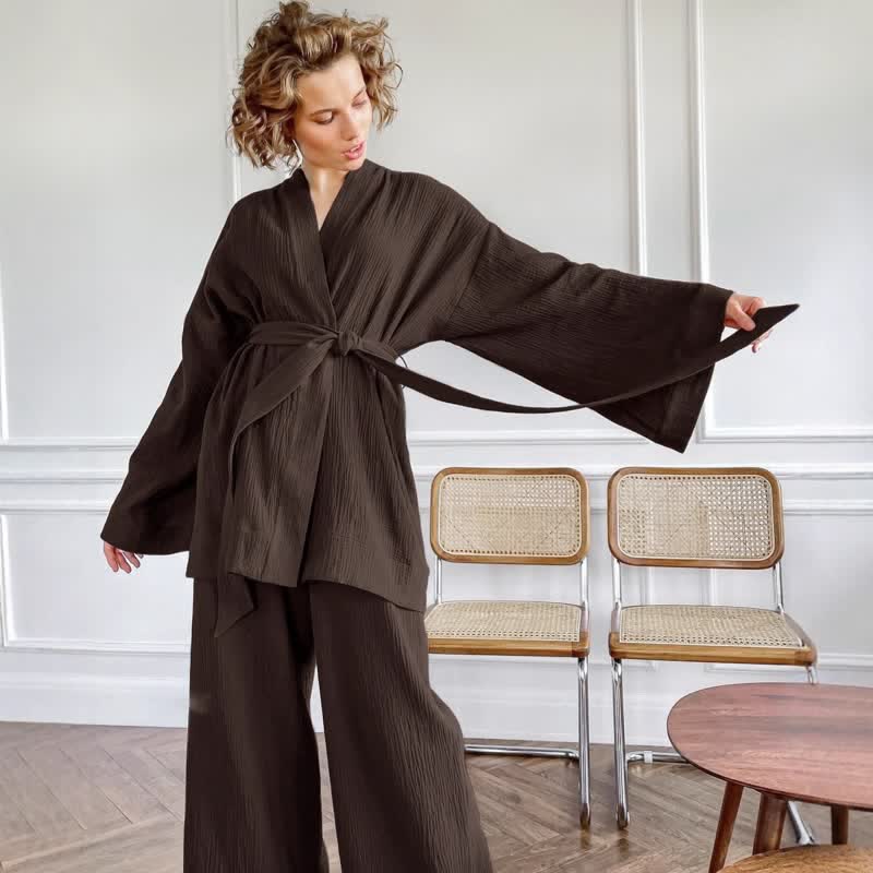 Ownkoti Solid Color Cotton Gauze Kimono Pajamas - Brown - XL - image 17