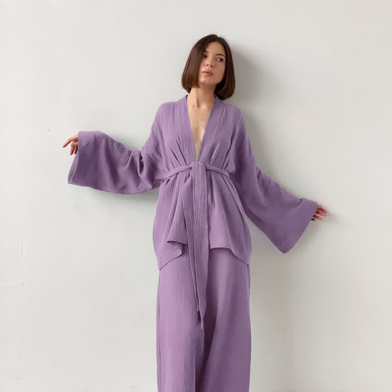 Ownkoti Solid Color Cotton Gauze Kimono Pajamas - Purple - XL - image 4