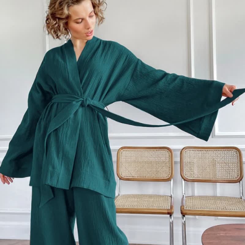 Ownkoti Solid Color Cotton Gauze Kimono Pajamas - Dark Green - XL - image 6