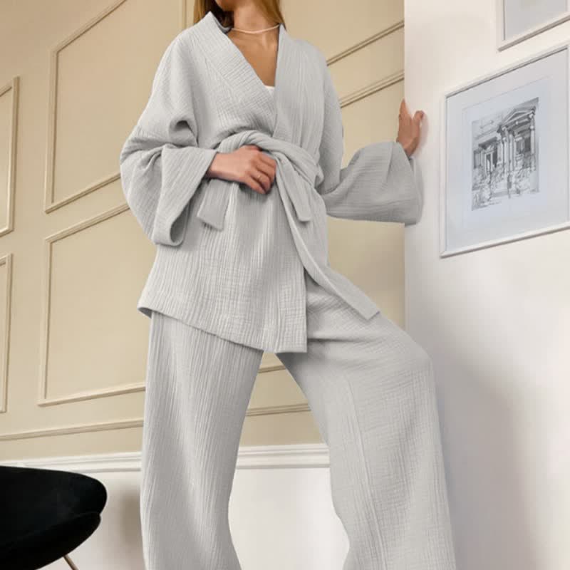 Ownkoti Solid Color Cotton Gauze Kimono Pajamas - Grey - XL - image 0