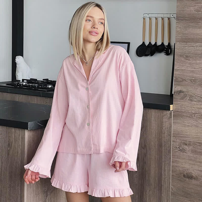 Ownkoti Solid Cotton Ruffle Trim Women's Pajamas - image 1