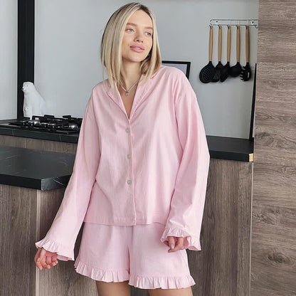Ownkoti Solid Cotton Ruffle Trim Women's Pajamas - image 1