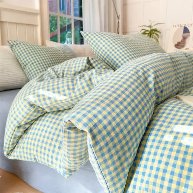 Ownkoti Small Check Gingham Cotton Bedding Set - Blue & Yellow - 2PCS Pillowcases - 19" x 29" - image 2