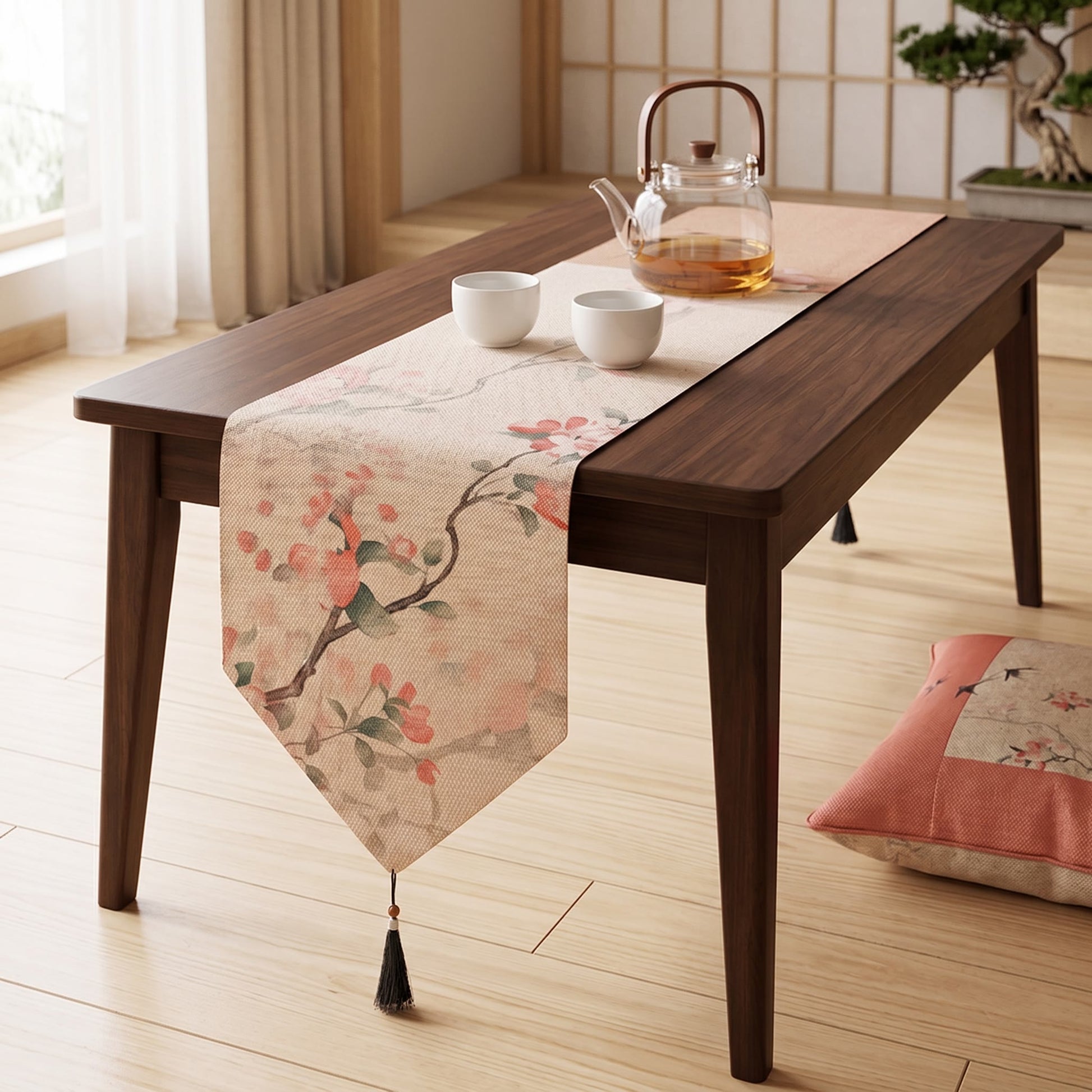 Ownkoti Painterly Crabapple Birds & Blossoms Table Runner - image 1