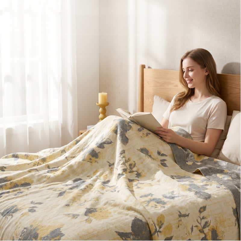 Ownkoti Yellow & Gray Floral Cotton Quilt Blanket - image 3