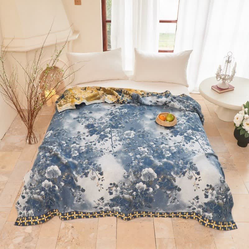 Ownkoti Blue Watercolor Floral Cotton Muslin Quilt - image 1