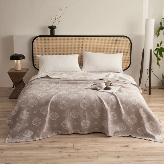 Ownkoti Oriental Ruyi Cloud Jacquard 3-Layer Gauze Quilt - Camel - Queen - image 0