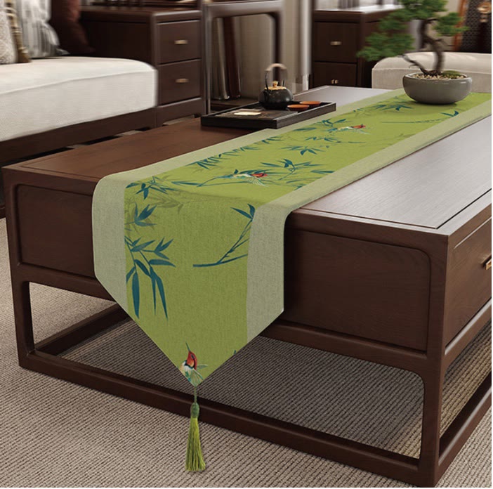 Ownkoti Green Bamboo & Birds Table Runner - Green - 12" × 102" - image 0