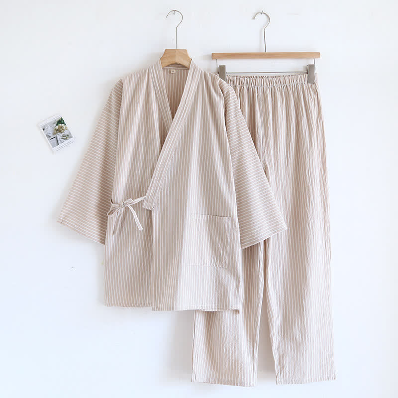 Ownkoti Unisex Striped Cotton Gauze Kimono Pajamas - Khaki - L - image 3
