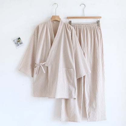 Ownkoti Unisex Striped Cotton Gauze Kimono Pajamas - Khaki - L - image 3