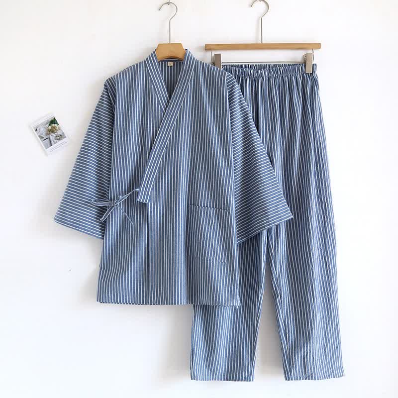 Ownkoti Unisex Striped Cotton Gauze Kimono Pajamas - Blue - L - image 1