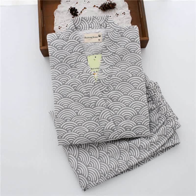 Ownkoti Unisex Seigaiha Cotton Kimono Loungewear Set - Gray - L - image 3