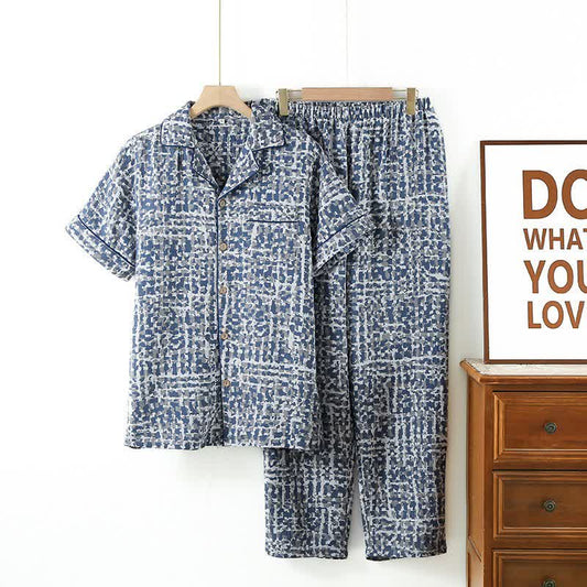 Ownkoti Blue Abstract Plaid Cotton Loungewear Set - Blue - XL - image 0