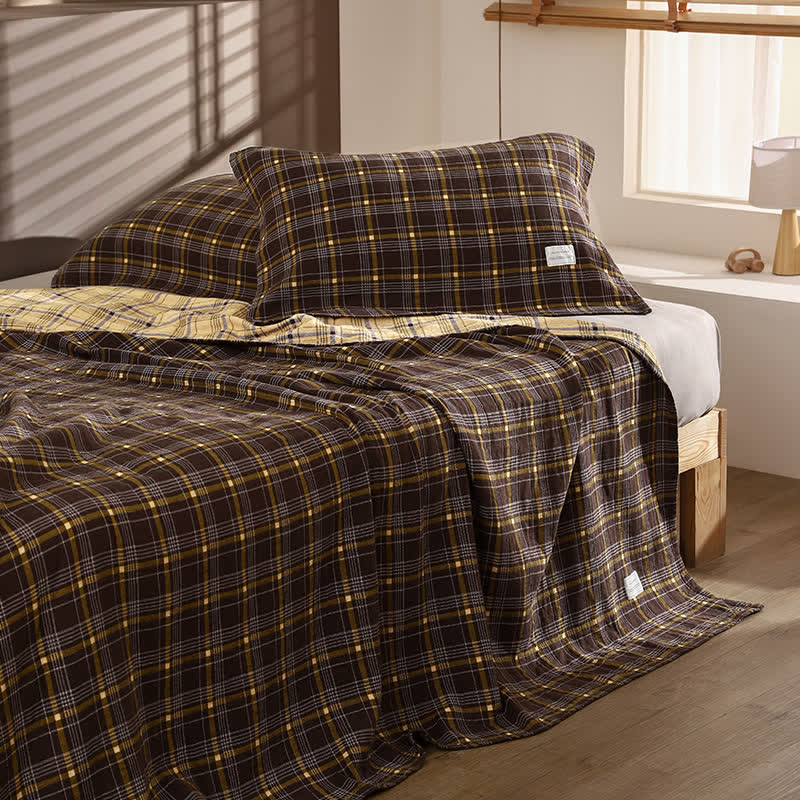 Ownkoti Vintage Plaid Cotton Gauze Bedding Set - Yellow-Brown - 20"×31" (Pillowcase) - 1 Pillowcase - image 4