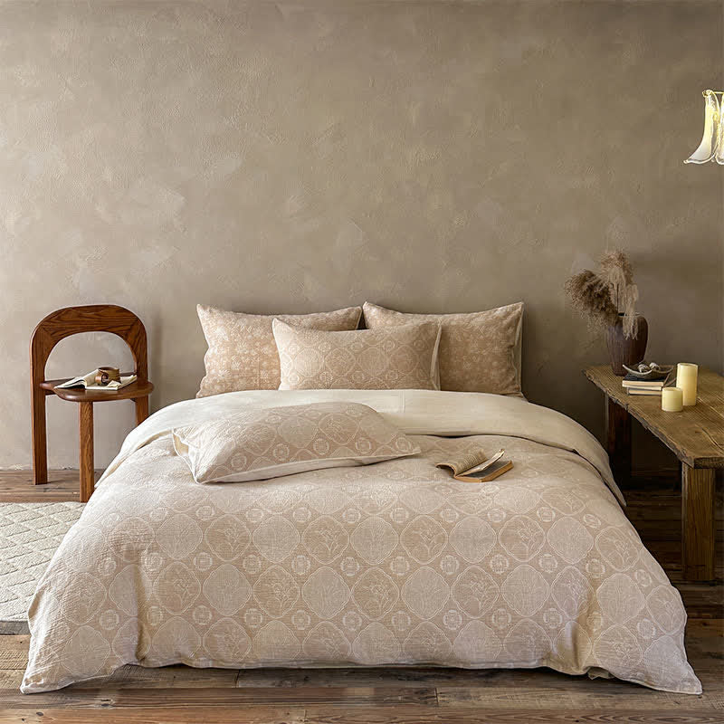 Ownkoti Camel Geometric Floral Jacquard Cotton Bedding Set - Camel - Fitted sheet - King - image 0