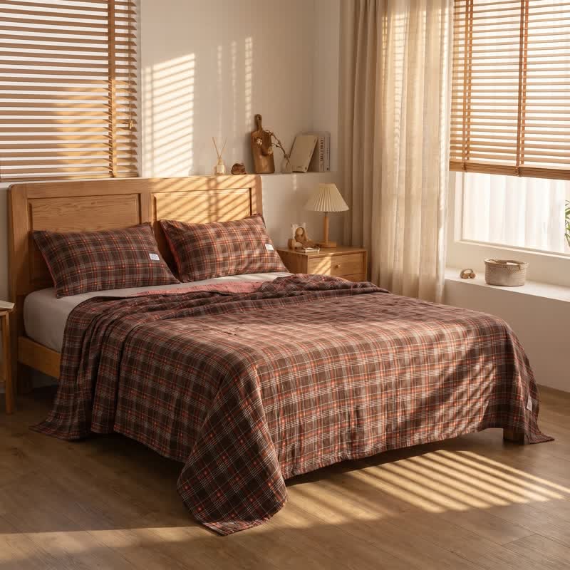 Ownkoti Vintage Plaid Cotton Gauze Bedding Set - Red-Brown - 20"×31" (Pillowcase) - 1 Pillowcase - image 0
