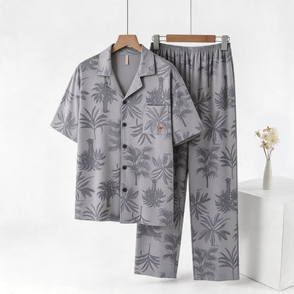 Ownkoti Cotton Tropical Palm Button Loungewear Set - Light Gray - 3XL - image 0