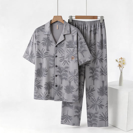 Ownkoti Cotton Tropical Palm Button Loungewear Set - Light Gray - 3XL - image 0