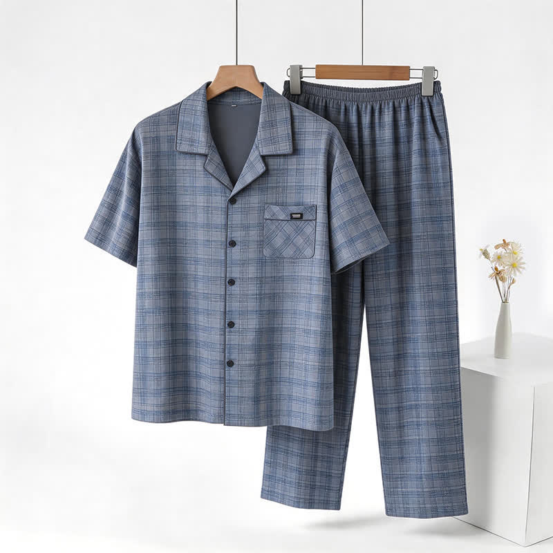 Ownkoti Cotton Blue-Gray Plaid Button Loungewear Set - Blue - 3XL - image 0