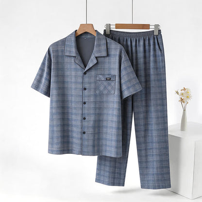 Ownkoti Cotton Blue-Gray Plaid Button Loungewear Set - Blue - 3XL - image 0