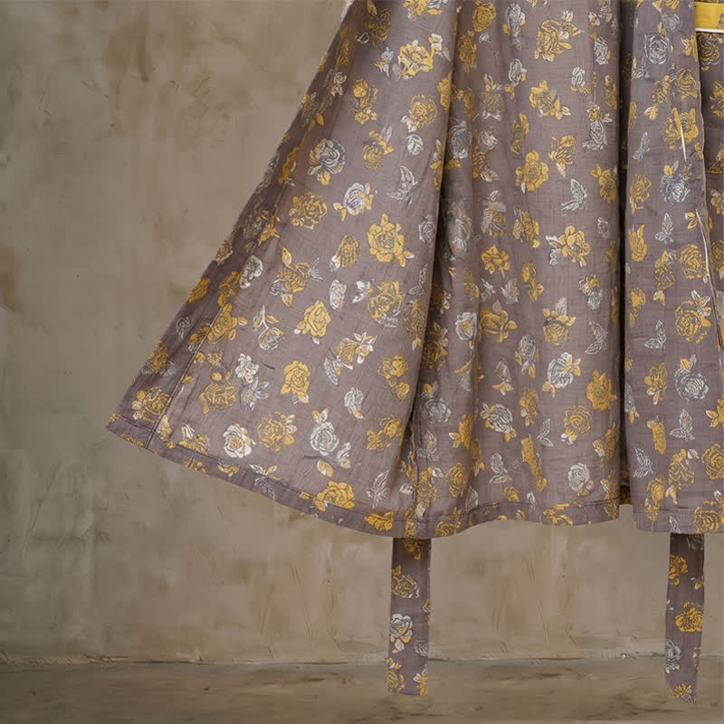 Ownkoti Taupe Yellow Vintage Floral Kimono Robe - image 5