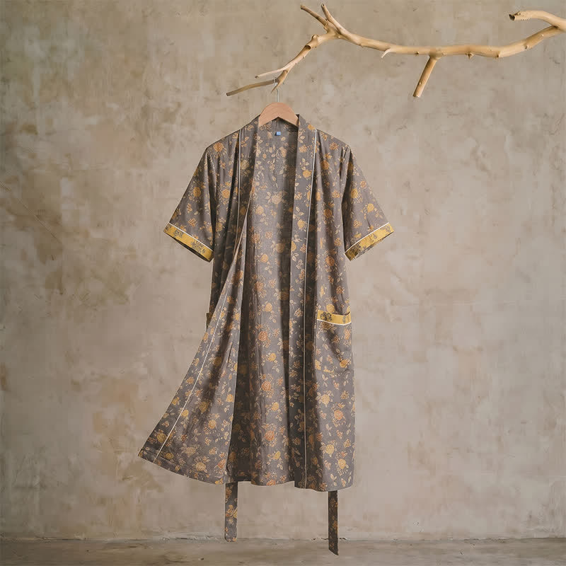 Ownkoti Taupe Yellow Vintage Floral Kimono Robe - image 1