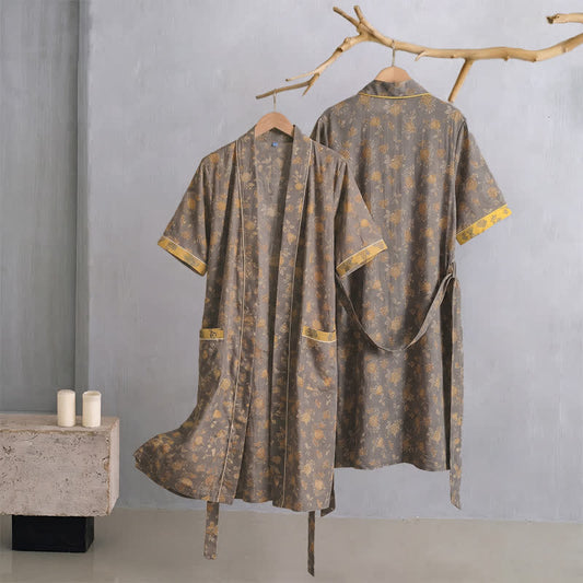 Ownkoti Taupe Yellow Vintage Floral Kimono Robe - XL - image 0