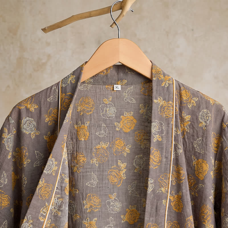 Ownkoti Taupe Yellow Vintage Floral Kimono Robe - image 3