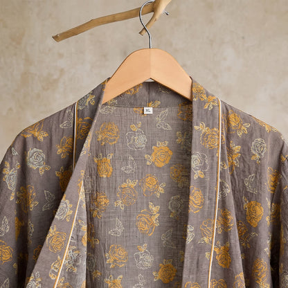 Ownkoti Taupe Yellow Vintage Floral Kimono Robe - image 3