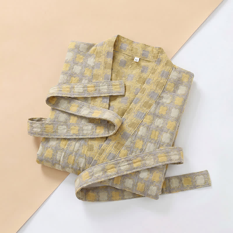 Ownkoti Soft Yellow Grey Cotton Plaid Kimono Robe - image 8